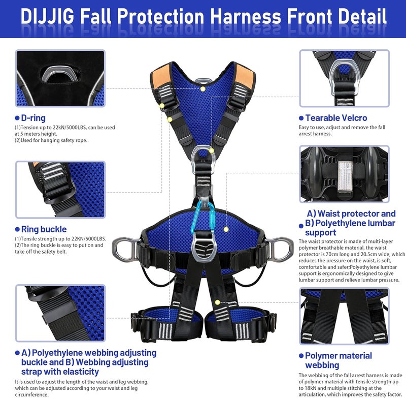 DIJJIG Fall Protection Full Body Safety Harness 5pt Roofing harnesses Aluminum O-Rings 8”Thick Back Support Belt Construction With Reflective Strips OSHA/ANSI Compliant - Image 4